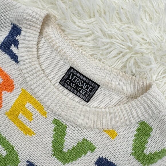 Versace White Multicolor Logo Crewneck Sweater - Picture 5 of 8